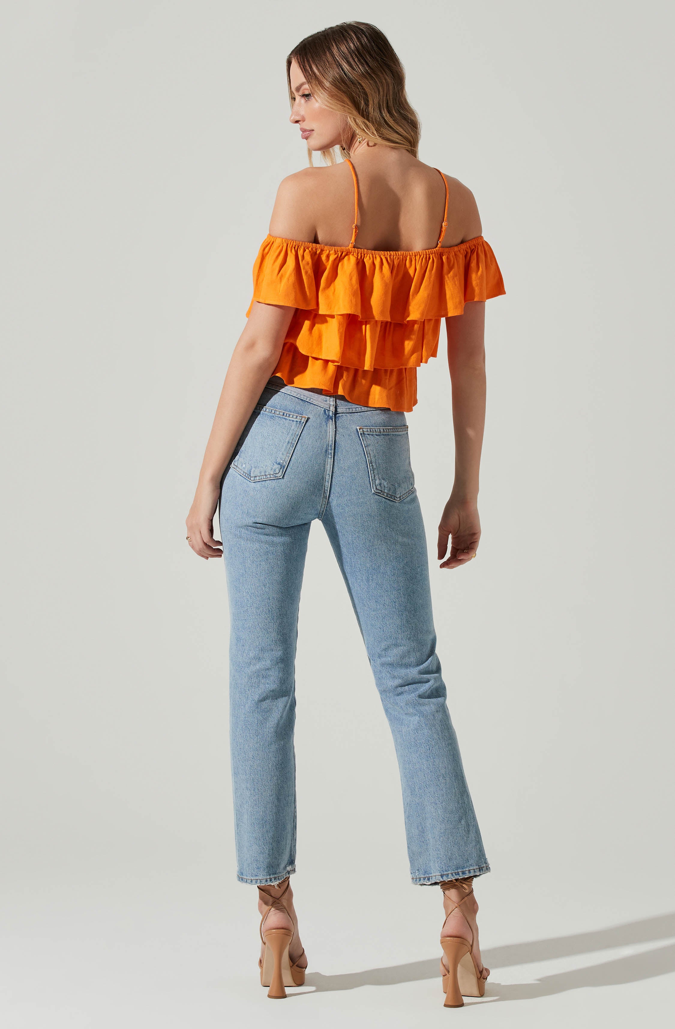 Orange Off-Shoulder Crop Blouses/Bralette - Style your holiday look with this trendy piece. It emphasizes an off shoulder neckline that has a fun, flirty vibe to it.