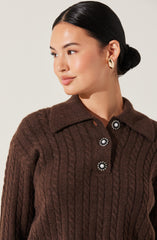 A woman is wearing a dark brown, cable-knit sweater with a collared neckline. The sweater features decorative buttons with a black and white floral design. She has straight black hair styled in a low bun and is accessorized with large, gold hoop earrings.