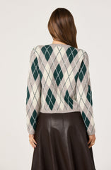 A person is wearing a long-sleeved sweater with a gray background that features a large diamond-shaped argyle pattern in dark green, white, and light beige. The sweater appears to be knitted with a slightly loose fit. The individual is also wearing a dark brown, high-waisted, A-line leather skirt that reaches below the knees. The back of the person's head shows long, straight brown hair.